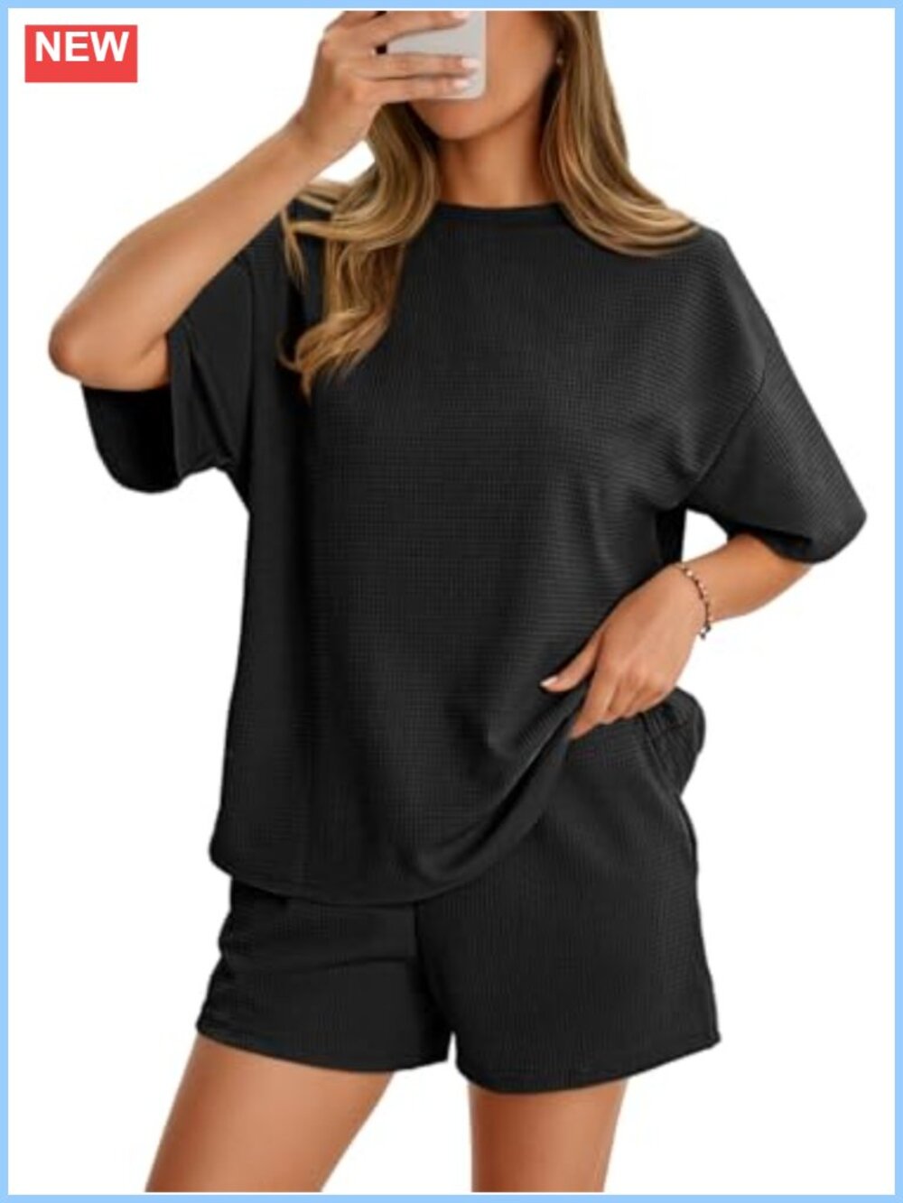 Waffle Knit Two Piece Short Set Drop Shoulder Top & Pocket Shorts